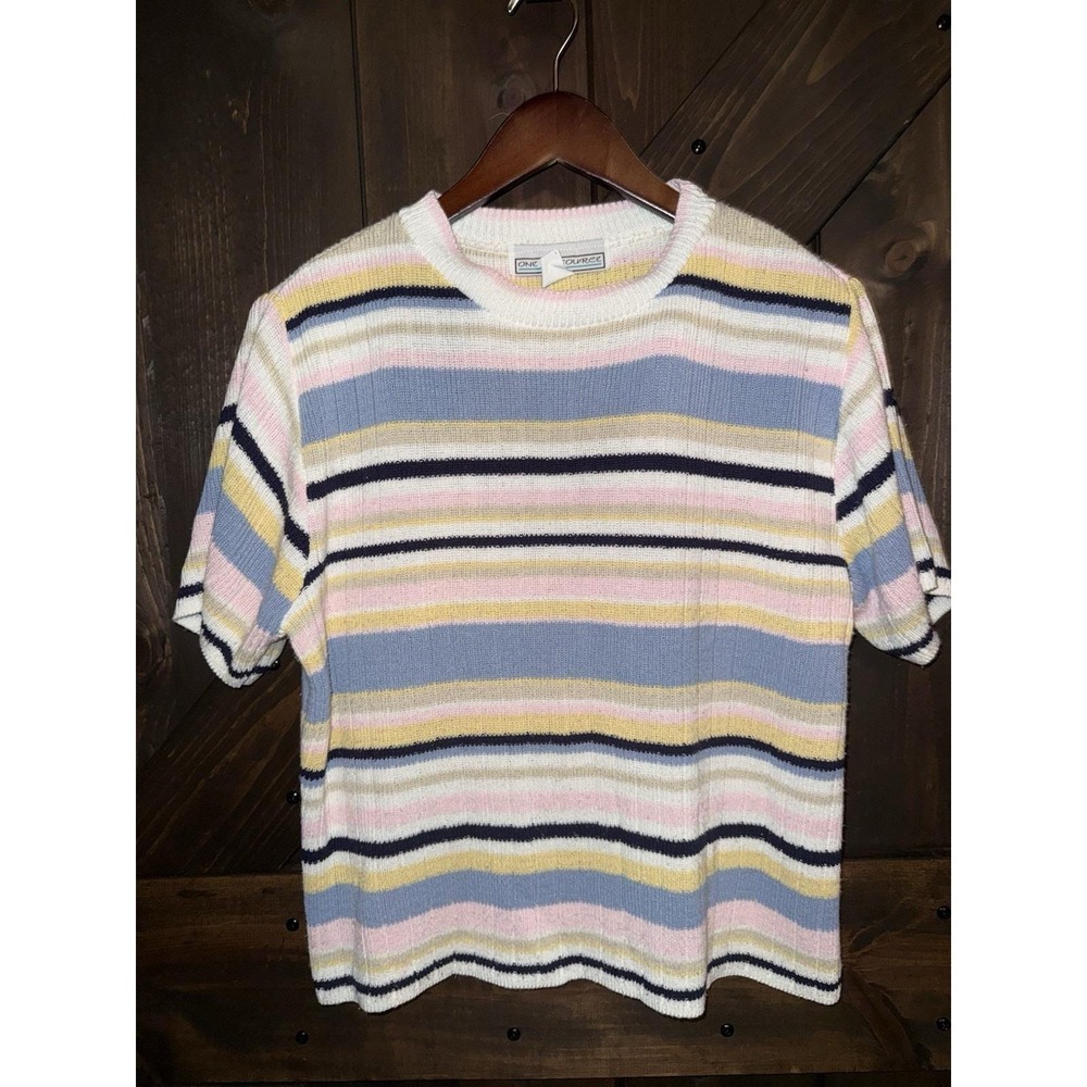 VTG One Resource 80's Women's Sz Large Knit Sweater USA Short Sleeve Stripped
